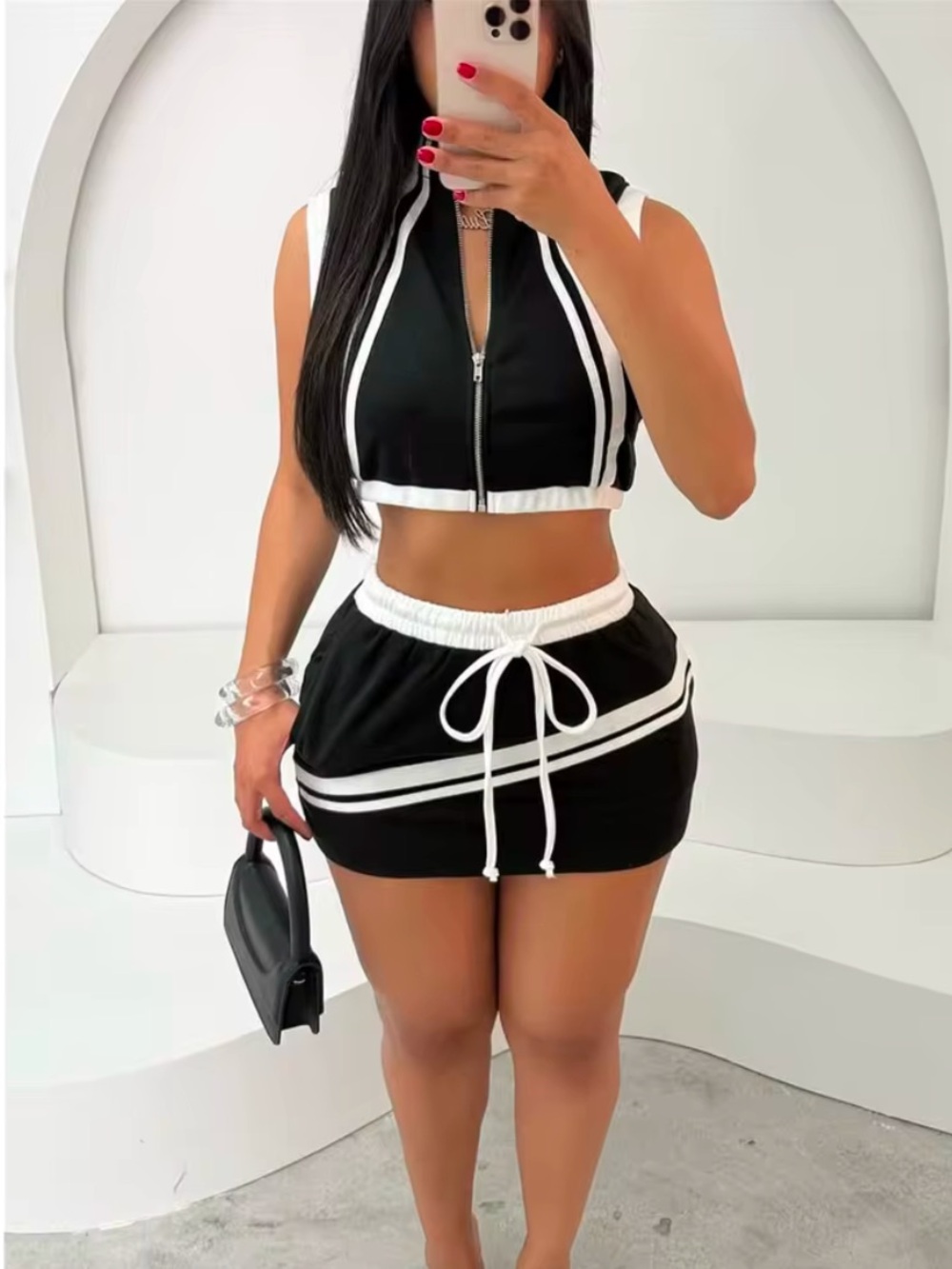 Black and White Striped Crop Top & Skirt Set